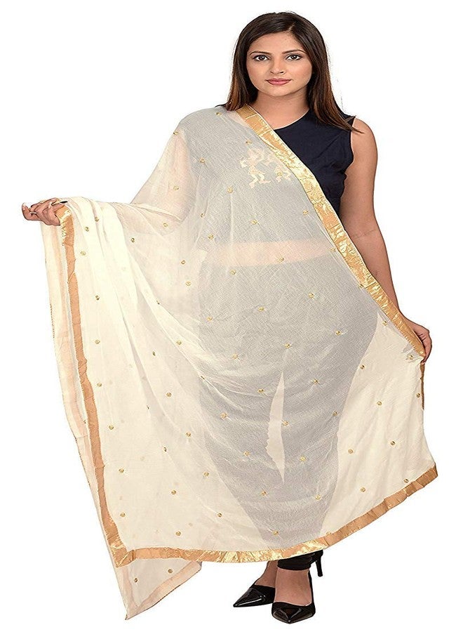 themilestocks Woman's Embroidered Chiffon Dupatta Scarf Shawl Wrap Soft Indian Bridal Wedding (Off White) - Image 1